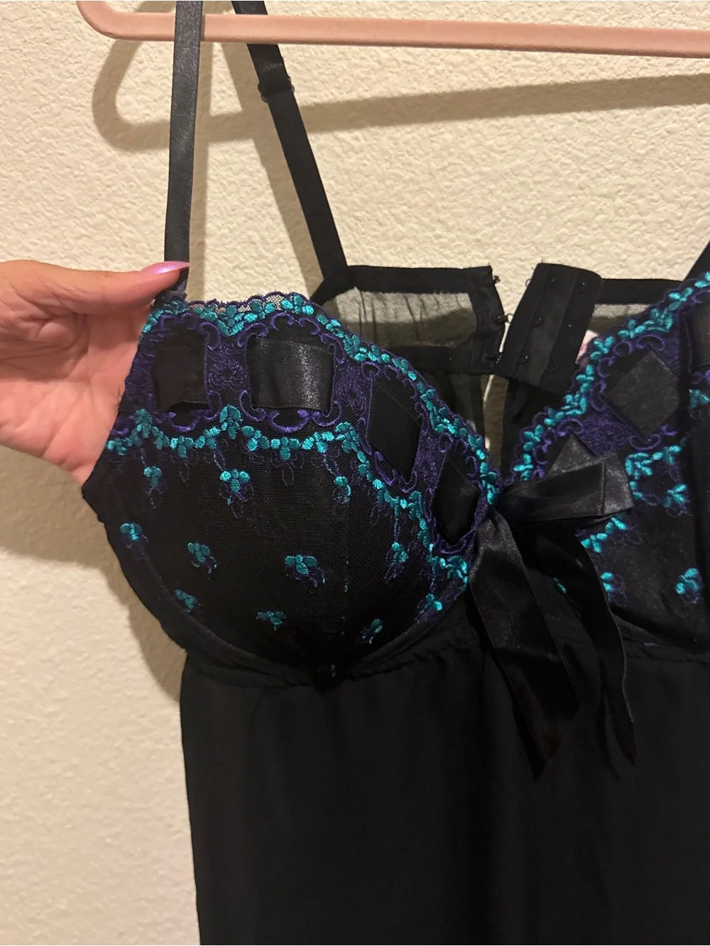 Cacique Black Chemise with Teal and Purple Embroidery
